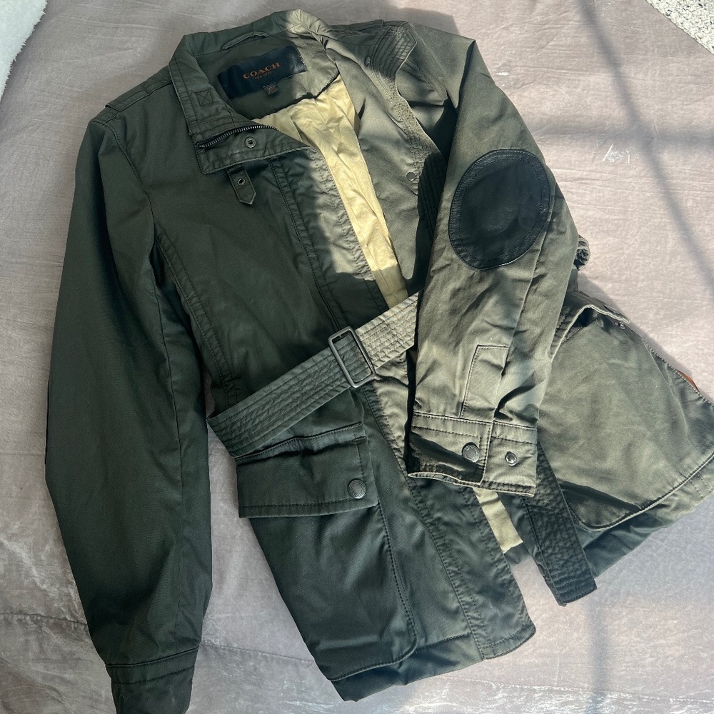 Coach Small Women's Belted Army Green Jacket with Leather Elbow Patches